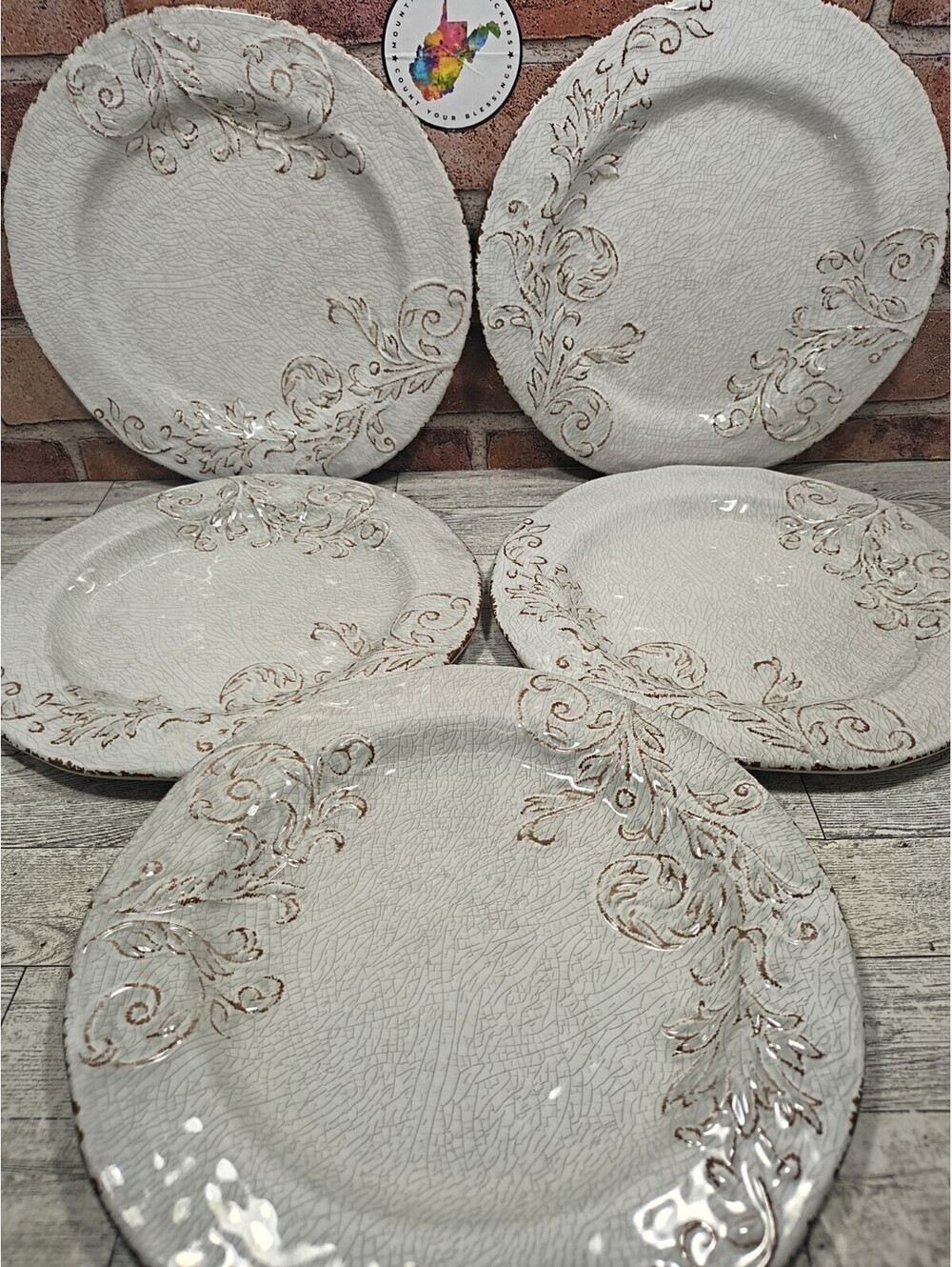Set of 5 IL Mulino APHORISM Crackle Cream Rustic Melamine Dinner Plates 11"